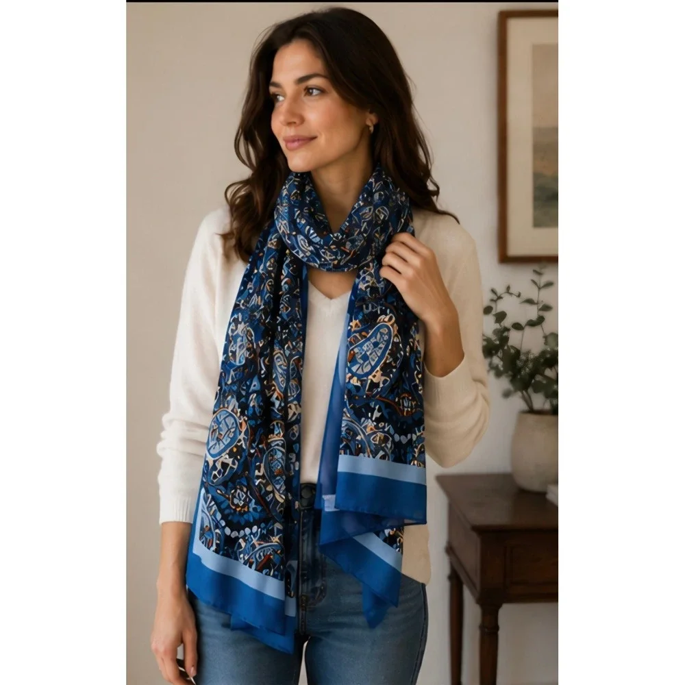 Vera Bradley Scarf‎ Women OS Blue Paisley Geometric Rayon Lightweight Wrap Shawl